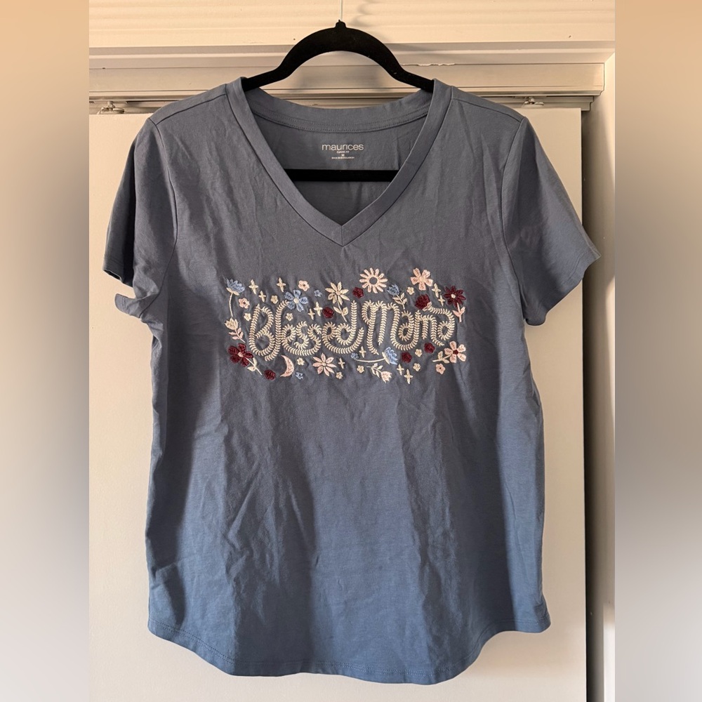 Maurices Embroidered Blessed Mama Short Sleeve Tee in Dusty Blue